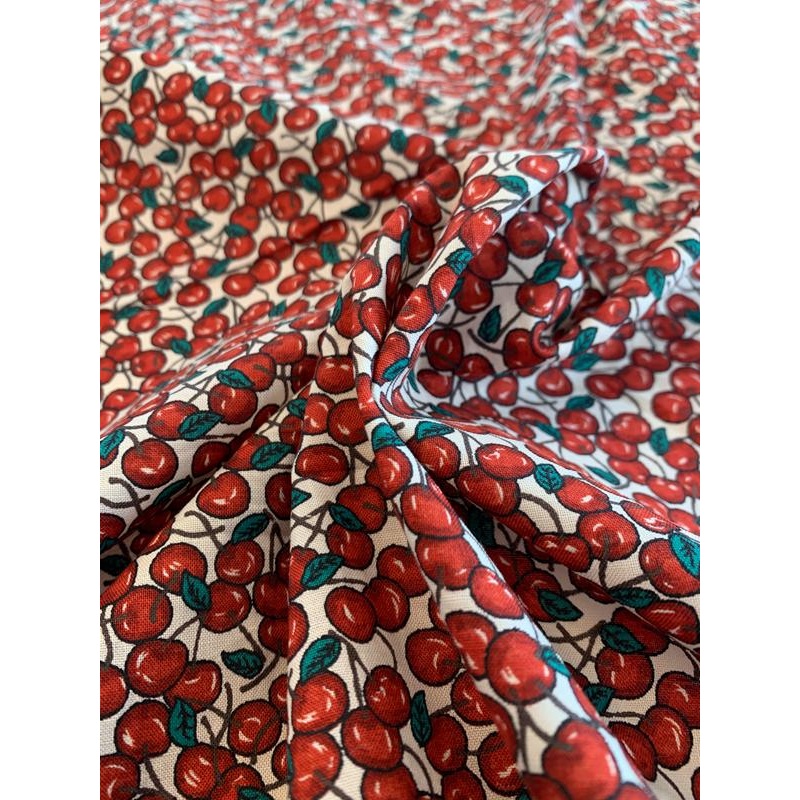 Cherries Printed Cotton Sheeting – Red / Green / White Fabric by the Yard