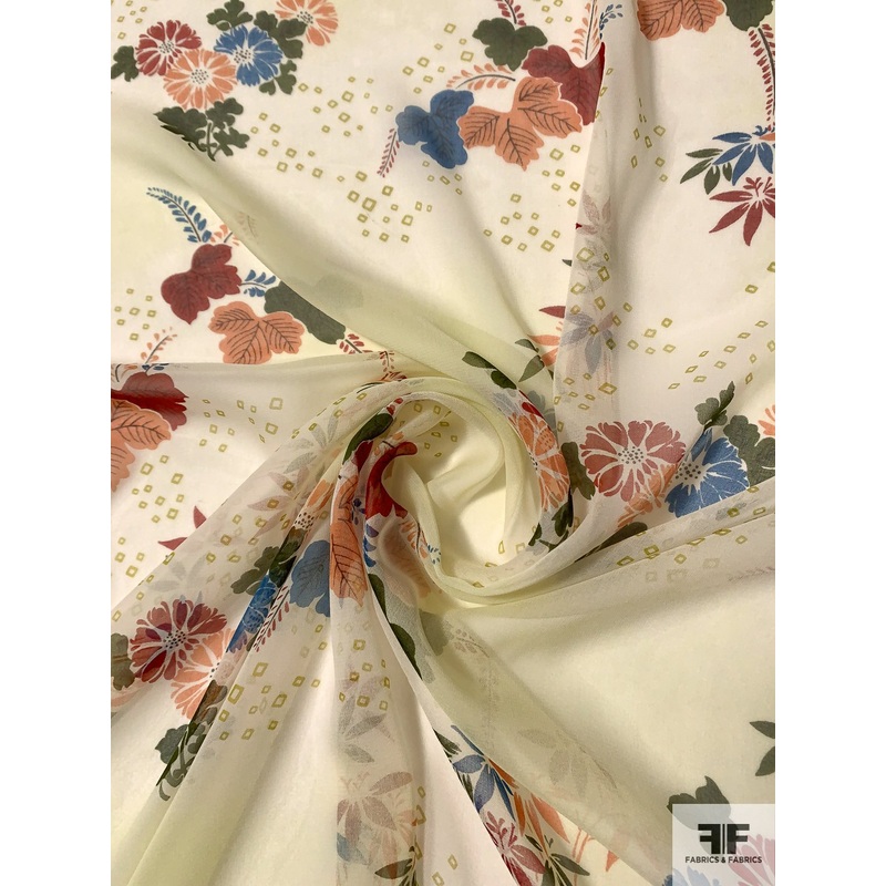Floral Sparks Printed Silk Chiffon – Ivory / Brick Red / Autumn Orange / Teal Fabric by the Yard