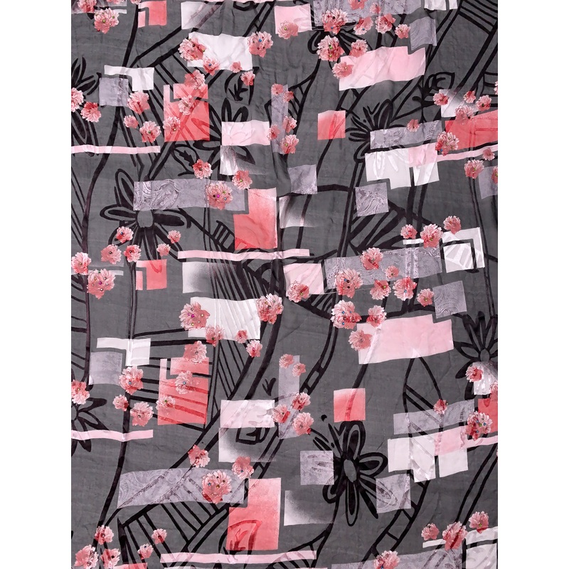 Geometric Floral and Paisley Printed Silk-Rayon Burnout Chiffon with Stones – Cranberry / Black / Light Grey / White Fabric by the Yard
