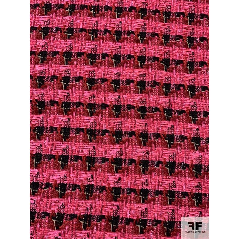 Loosely Woven Houndstooth Jacket Weight Tweed – Bright Pink / Hot Pink / Red / Black Fabric by the Yard