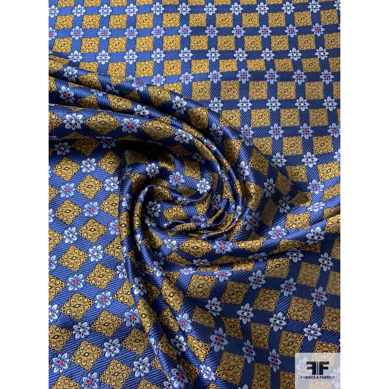Ornate Grid Silk Necktie Jacquard Brocade – Navy / Golden-Turmeric / Sky Blue / Red Fabric by the Yard