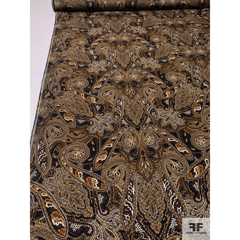 Ornate Paisley Printed Silk and Wool Jacquard – Shades of Brown Fabric by the Yard