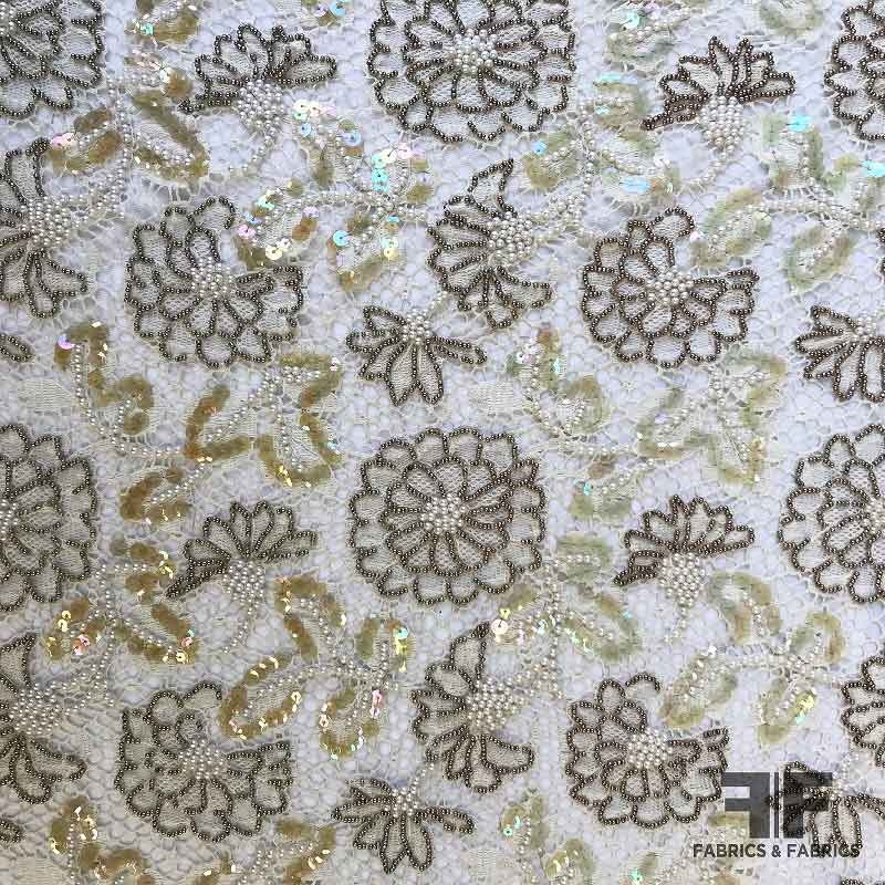 Vintage French Couture Hand Beaded/Sequin Floral Lace – Ivory/Brown/Beige Fabric by the Yard