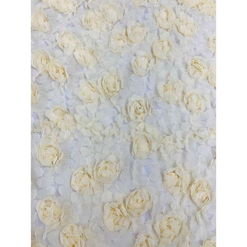 3D Floral Rosettes on Tulle – Butter Yellow Fabric by the Yard