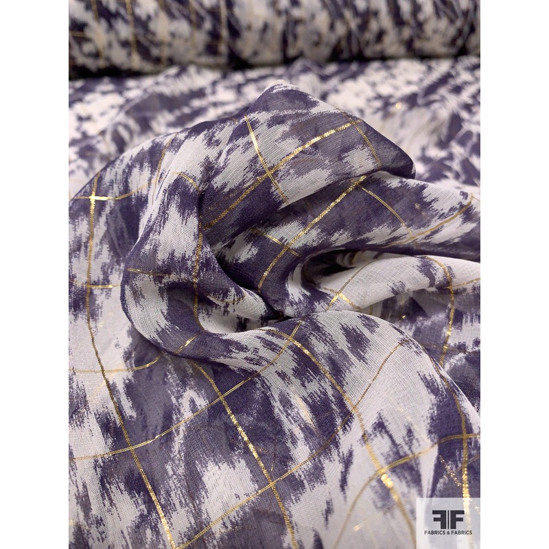 Abstract Wavy Striations Printed Silk Chiffon with Lurex Windowpane Pattern – Navy / Off-White / Gold Fabric by the Yard