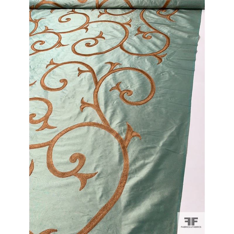 Bold Ornate Vines Embroidered Silk Shantung – Pearly Seafom / Copper Fabric by the Yard