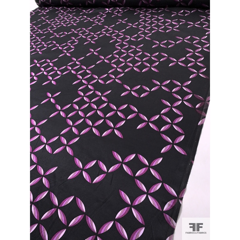 Circle Floral Illusion Printed Stretch Washed Cotton-Silk Sateen – Magenta / Orchid / Black Fabric by the Yard