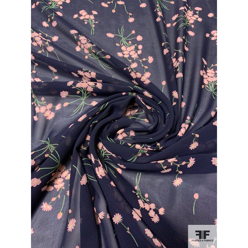 Floral Printed Polyester Chiffon – Navy / Dusty Pink / Green Fabric by the Yard