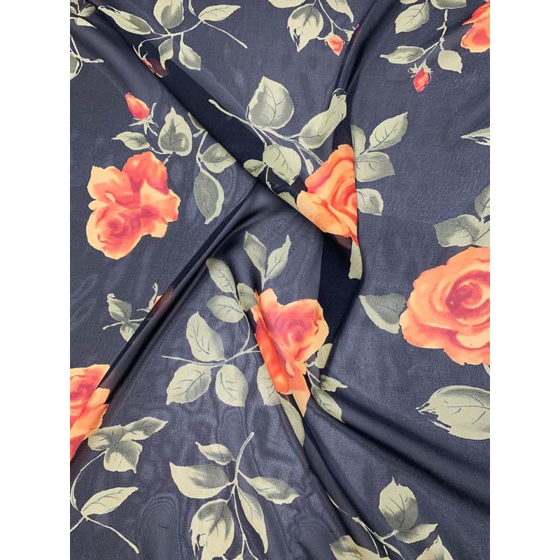 Flowers in Bloom Printed Silk Chiffon – Orange / Dusty Green / Black Fabric by the Yard