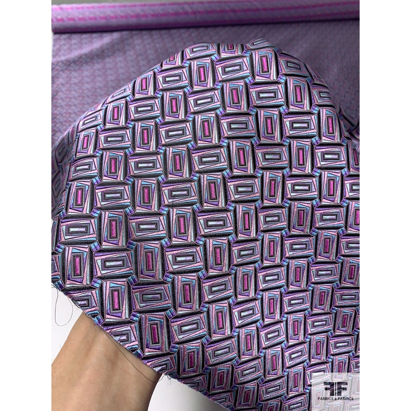 Geometric Silk Necktie Jacquard Brocade – Orchid Pinks / Purple / Blue / Grey Fabric by the Yard