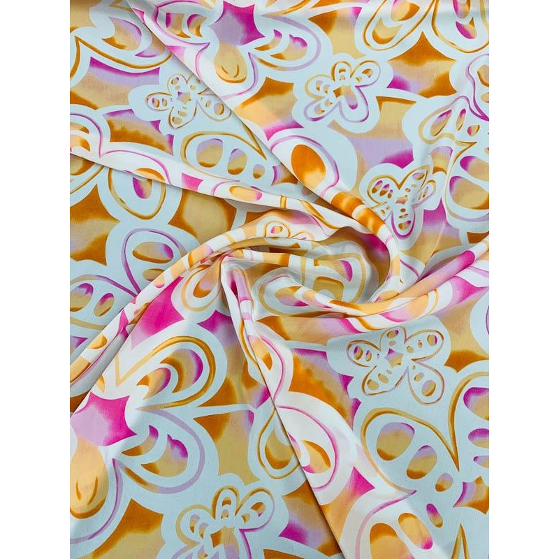 Groovy Floral Printed Silk Crepe de Chine – Orange / White / Pink Fabric by the Yard