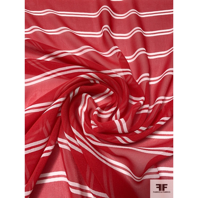 Horizontal Striped Printed Silk Chiffon – Red / Off-White Fabric by the Yard