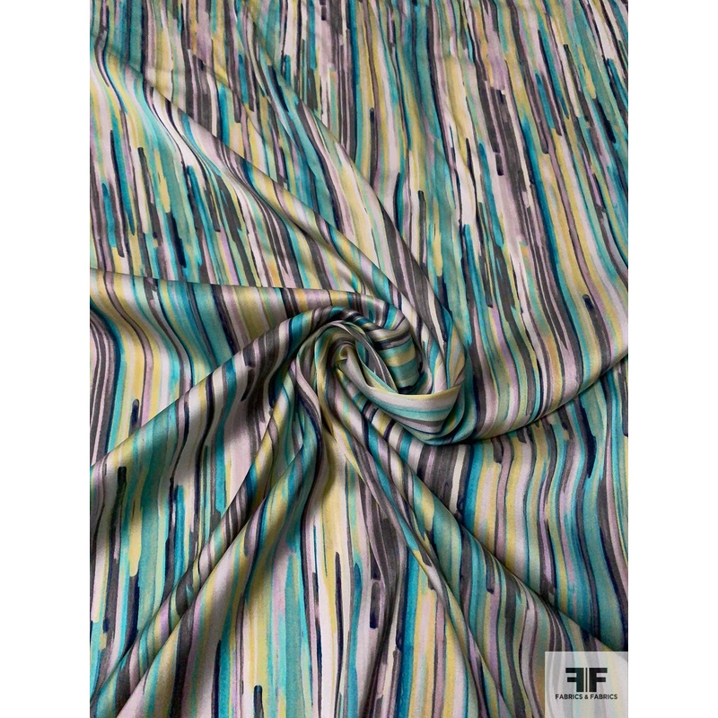 Italian Prabal Gurung Painterly Vertical Strokes Printed Stretch Viscose Satin – Lavender / Aqua Green / Navy / Stone Grey Fabric by the Yard