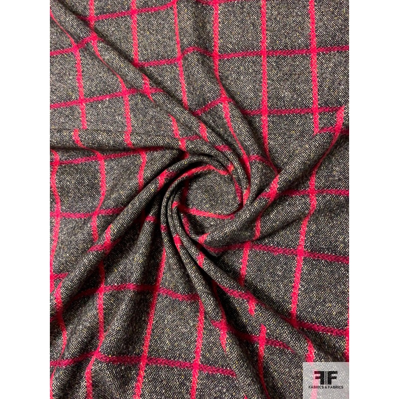 Italian Windowpane Jacket Weight Lambswool Donegal Tweed – Red / Black / Cream Fabric by the Yard