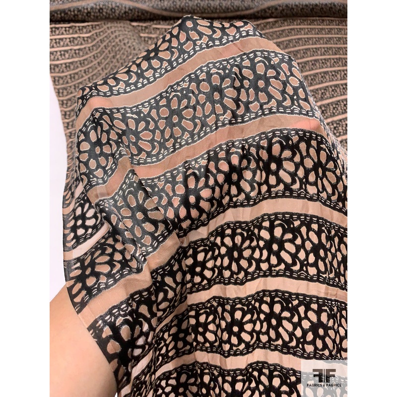 Linear Floral Design Silk-Rayon Burnout Chiffon – Tan / Black Fabric by the Yard