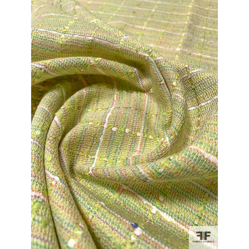 Made in Spain Windowpane Cotton Blend Tweed Suiting – Light Lime / Multicolor Fabric by the Yard