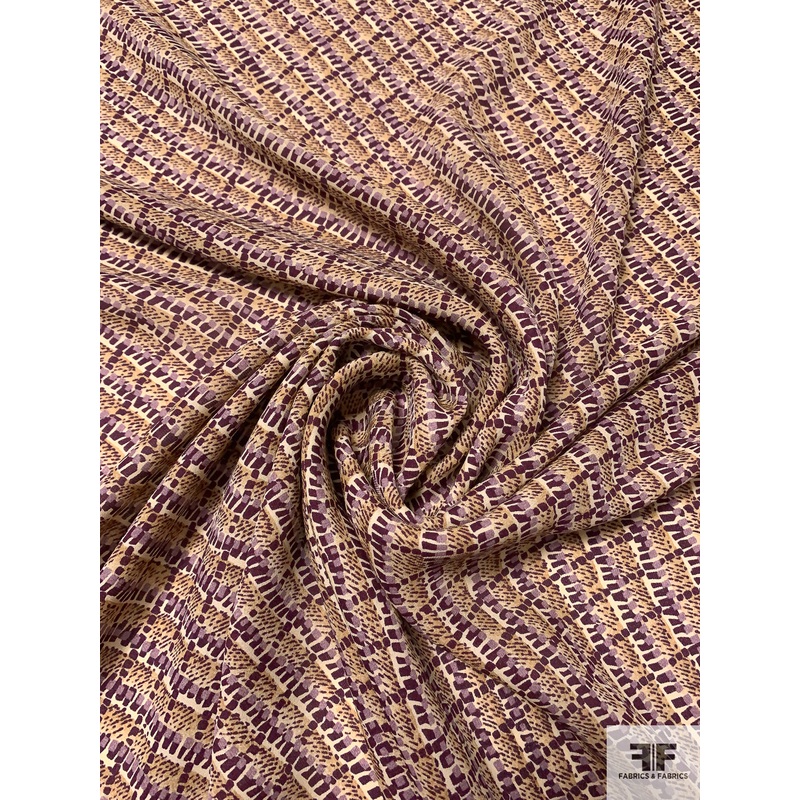 Micro-Graphic Printed Silk Georgette – Purple / Dusty Purple / Beige / Tan Fabric by the Yard