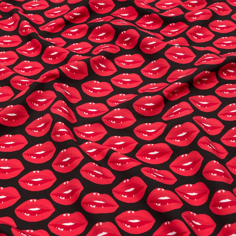Recycled Polyester Swim Trunk Fabric – Black Smiling Lips – Black Love it Loud Print – Mood Exclusive Malibu Collection