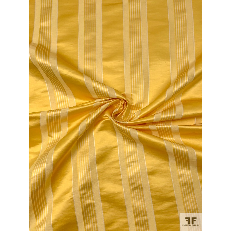 Striped Yarn-Dyed Heavy Silk and Cotton Satin – Royal Yellow / Off-White Fabric by the Yard