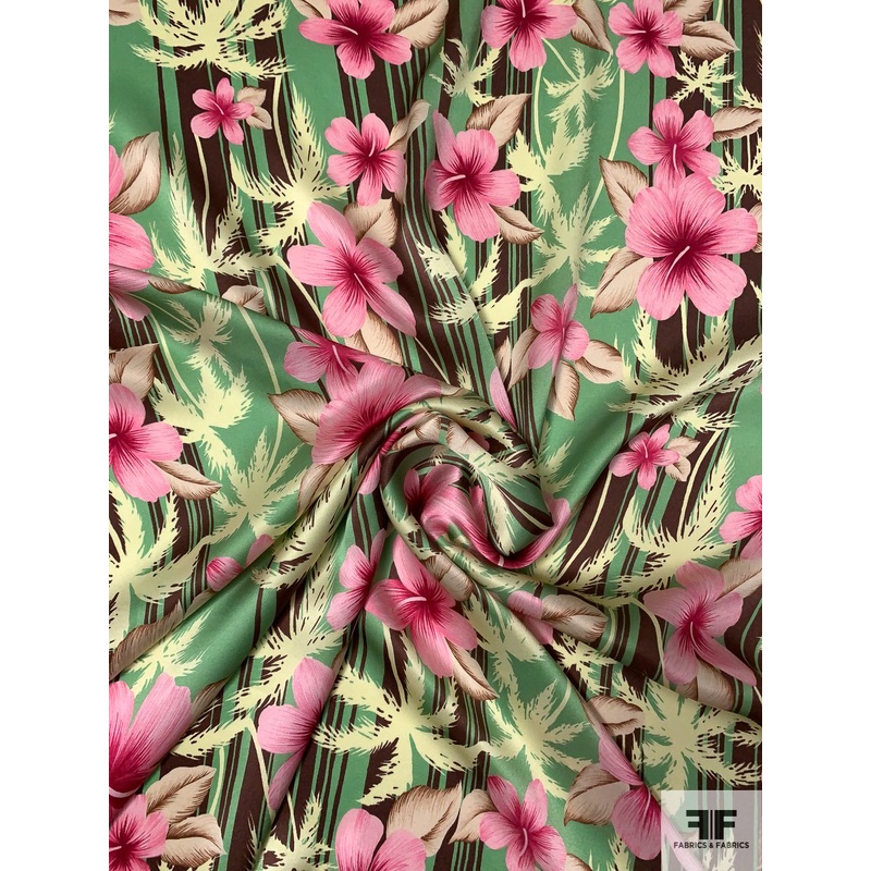 Tropical Floral Printed Silk Charmeuse – Green / Pink / Berry / Burgundy-Brown Fabric by the Yard