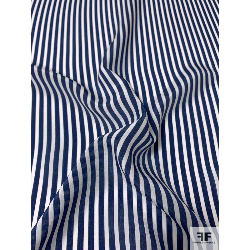 Vertical Striped Printed Silk Crepe de Chine – Navy / White Fabric by the Yard