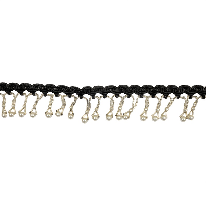 Vintage White Pearl Round and Seed Beaded Fringe on Black Braid – 1.5″