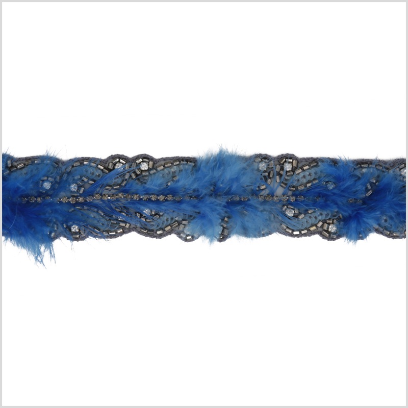 1.5″ Blue/Black Beaded Rhinestones With Sequins and Feathers