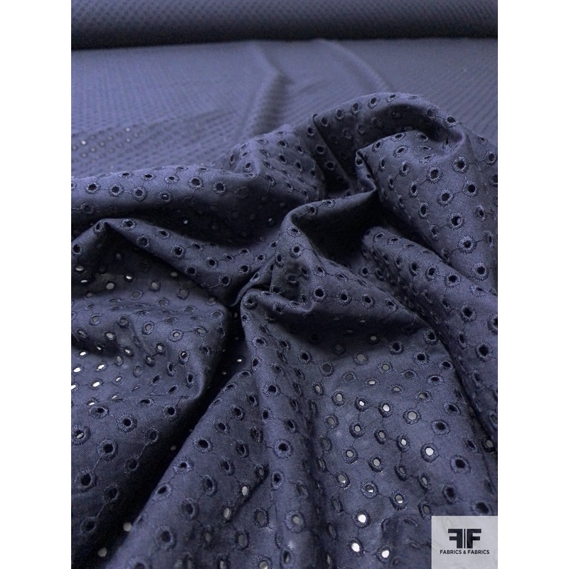 Circles Embroidered Eyelet Cotton Voile – Navy Fabric by the Yard