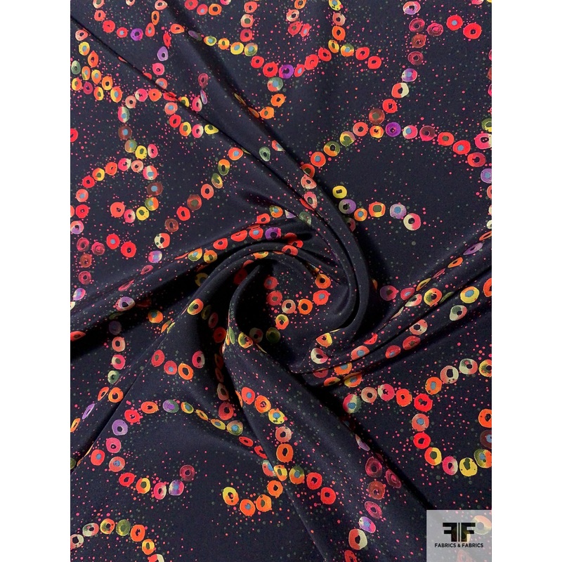 Circles in Swirl Printed Silk Crepe de Chine – Navy / Reds / Purple / Greens Fabric by the Yard