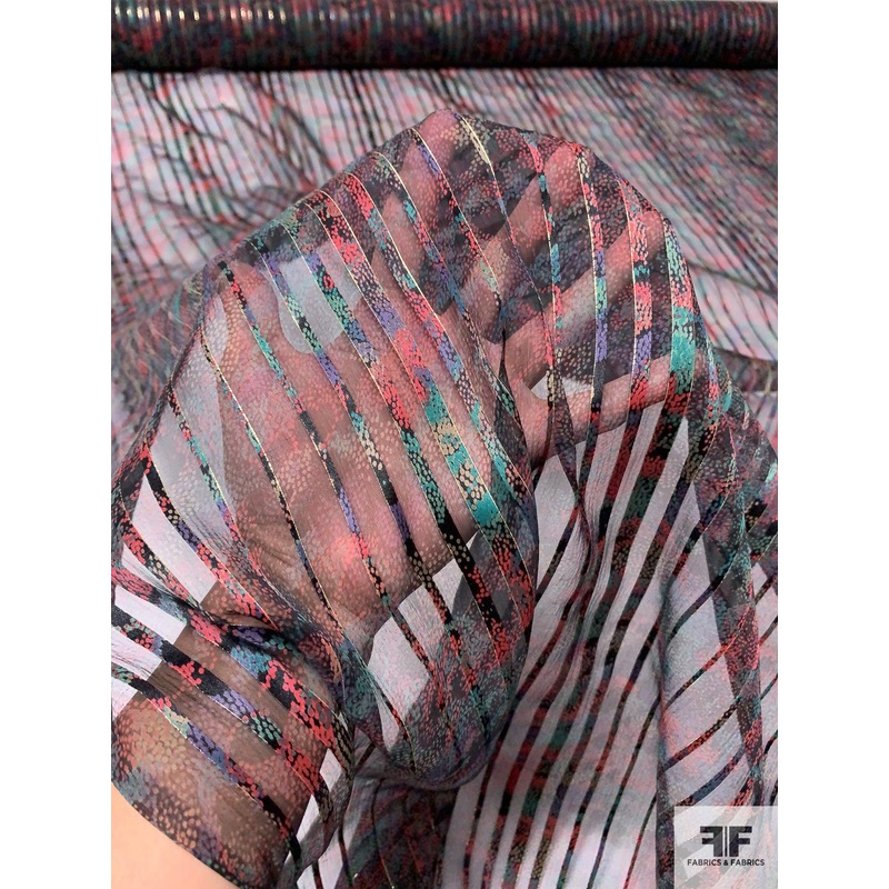Ditsy Cluster Printed Satin Striped Silk Chiffon with Lurex Pinstripes – Multicolor Fabric by the Yard