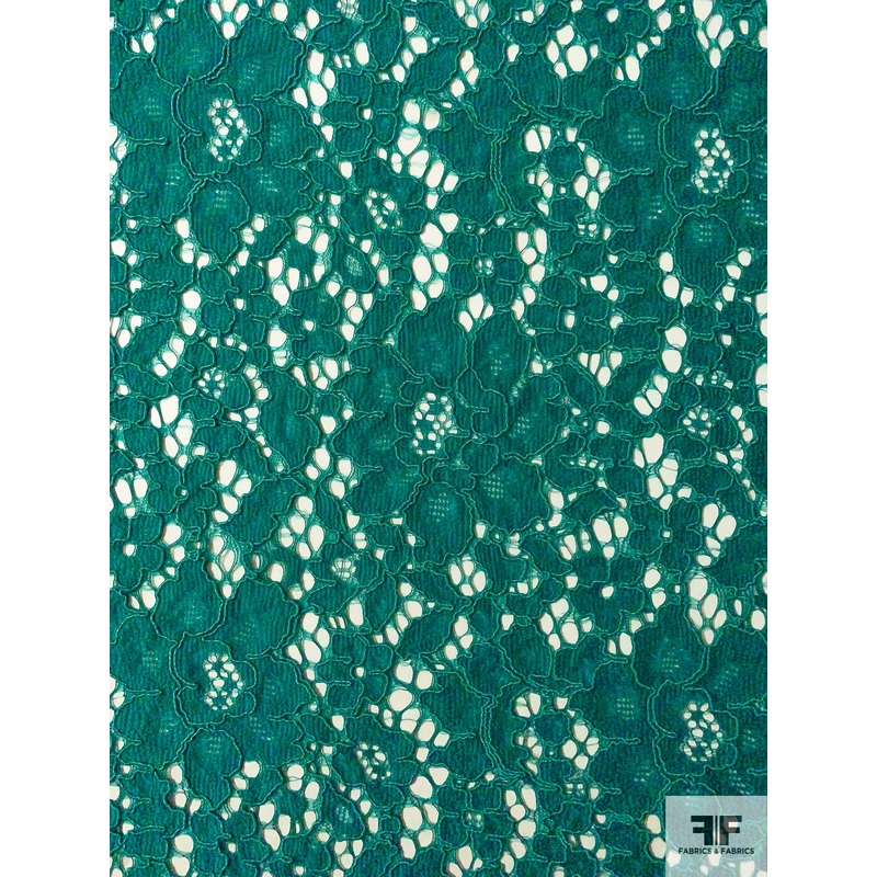 Floral Double-Scalloped Corded Lace – Green-Teal Fabric by the Yard