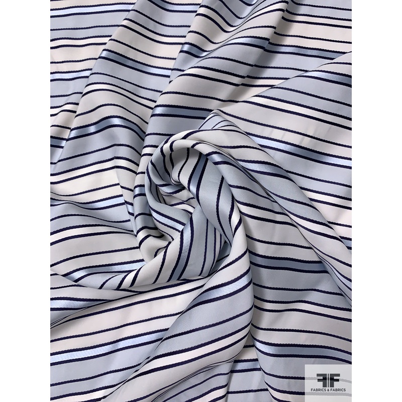 Italian Horizontal Striped and Stitched Viscose Satin – Icey Sky Blue / Navy / Light Grey / Off-White Fabric by the Yard