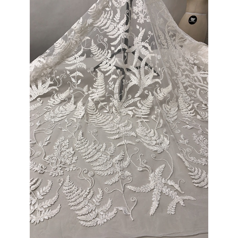Marchesa Fern Leaf Fine Embroidered and Corded Tulle – Off-White Fabric by the Yard