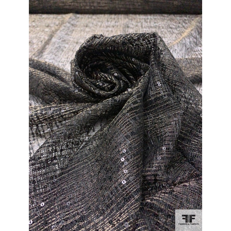 Metallic Embroidered Mesh-Netting with Sequins – Black / Gold Fabric by the Yard