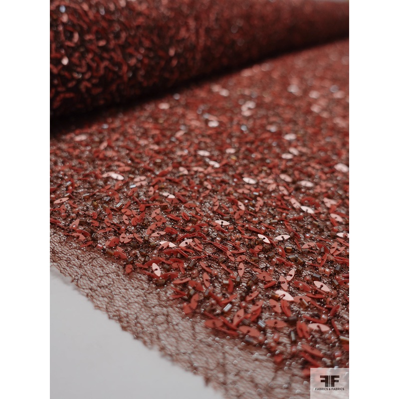 Novelty Beaded and Sequins Metallic Mesh Tulle – Coral Brick Fabric by the Yard