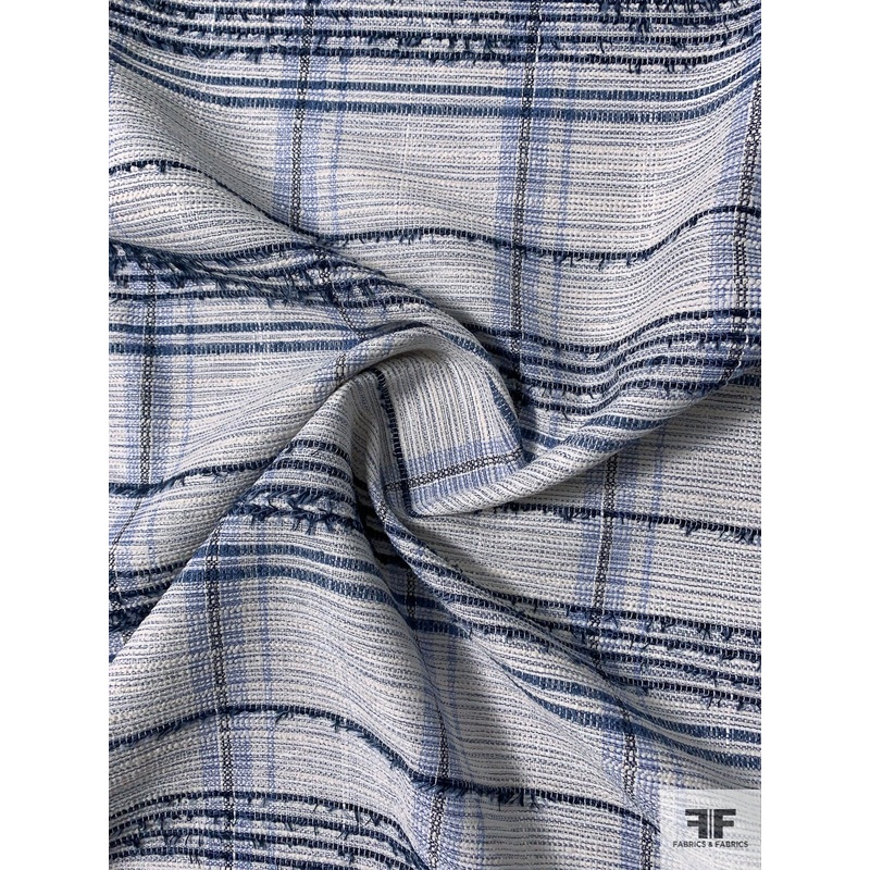 Novelty-Plaid Textured Cotton Blend Suiting – Postal Blue / Chambray Blue / Off-White Fabric by the Yard