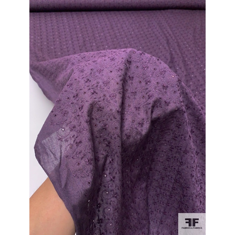 Ornate Ditsy Vine Floral Embroidered Eyelet Cotton Voile – Eggplant Purple Fabric by the Yard