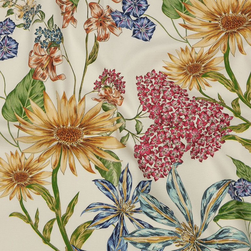 Stretch Cotton Canvas Print – Cream, Red, Yellow and Blue Floral – Mood Exclusive Lucid Dream