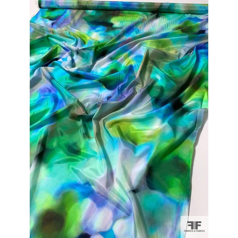 Watercolor Blend Printed Cotton Silk Crepe de Chine – Shades of Greens / Blues / Purples Fabric by the Yard