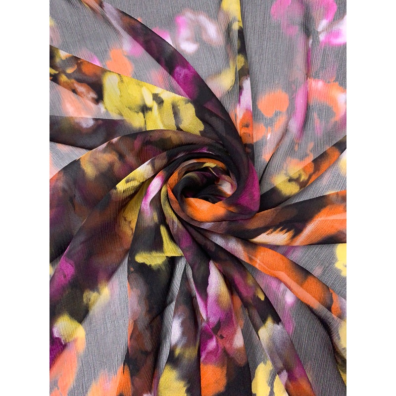 Watercolor Floral Printed Crinkled Silk Chiffon – Orange / Magenta / Yellow / Black Fabric by the Yard