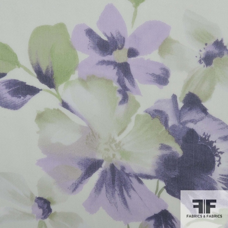 Watercolor Floral Printed Silk Chiffon – Purple/Green Fabric by the Yard