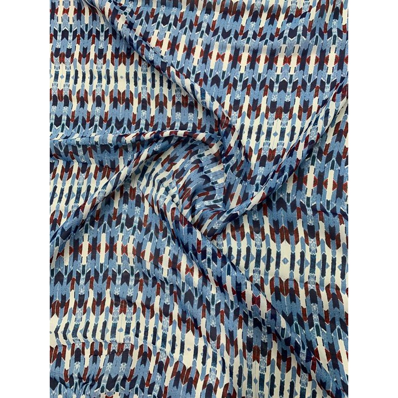 Boho Geometric Striped Printed Silk Chiffon – Blue / Red / White Fabric by the Yard