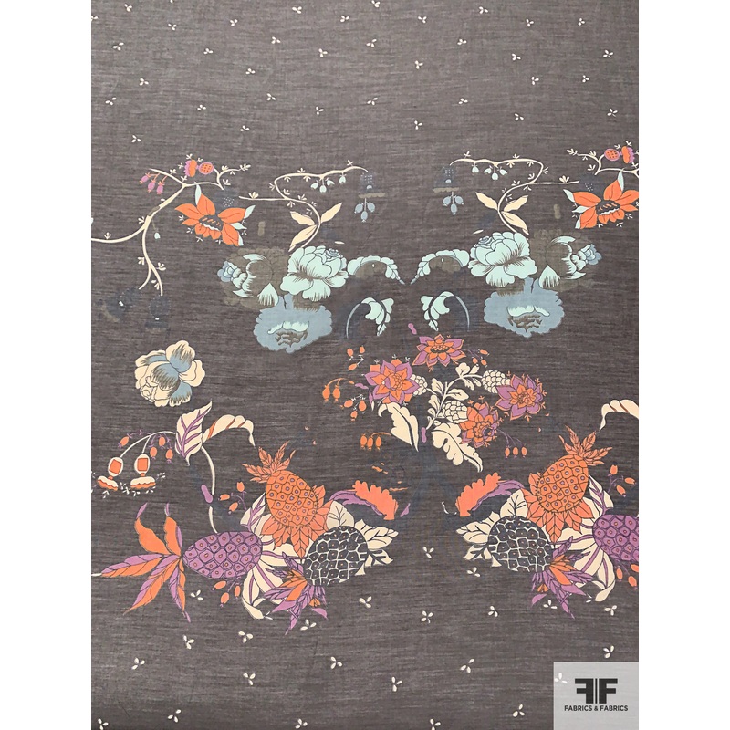 Bonsai Printed Silk-Cotton Voile Panel – Dark Khaki Grey / Orange / Light Blue / Beige Fabric by the Panel