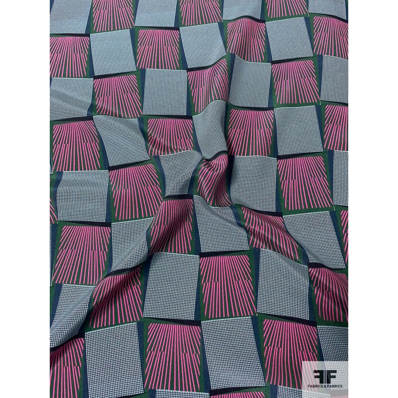 Boxy Graphic Printed Silk Crepe de Chine – Pink / Green / Blue Fabric by the Yard
