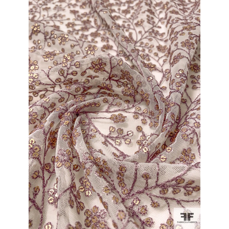 Ditsy Vine Floral Embroidered Netting with Sequins – Lilac / Antique Gold / Off-White Fabric by the Yard