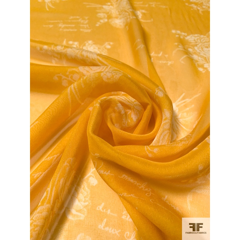 Floral Bouquets and French Love Notes Printed Silk Chiffon – Marigold / Off-White Fabric by the Yard