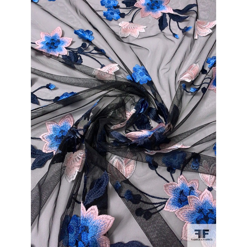 Floral Embroidered Tulle – Blue / Soft Pink / Black Fabric by the Yard