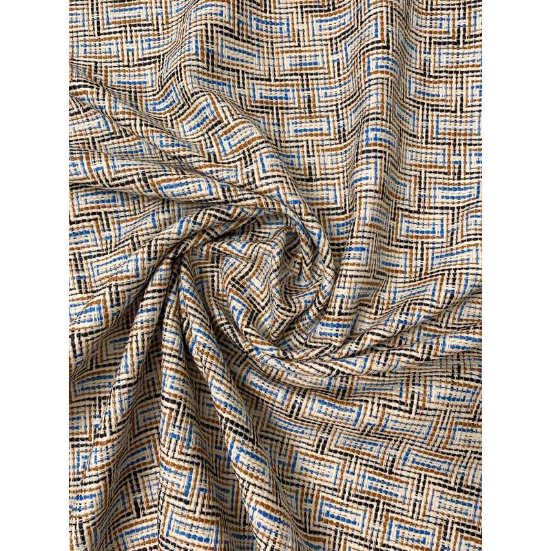 French Matte-Finish Stamped Suiting – Cream / Blue / Caramel / Black Fabric by the Yard