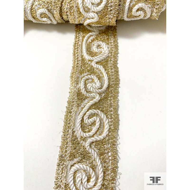 French Metallic Swirl Corded Lace Trim – Gold / Ivory Fabric by the Yard