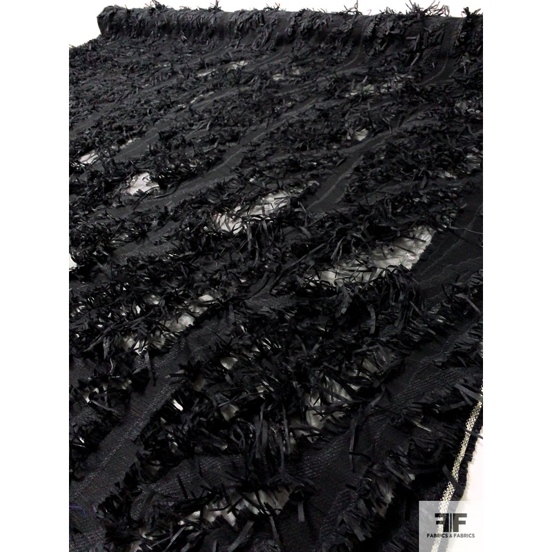Italian Abstract Fringe Fil Coup Novelty Organza – Black Fabric by the Yard